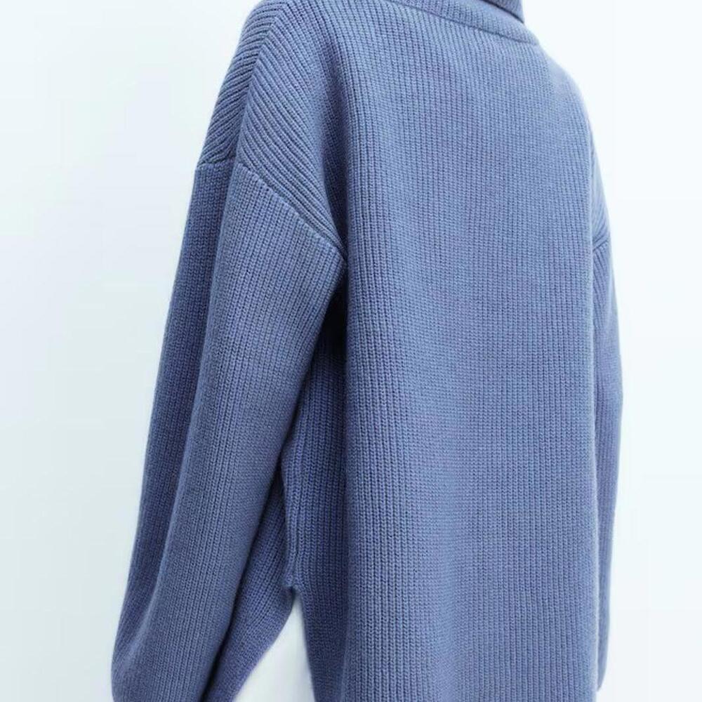 H&M Women Small Pigeon Blue Half Zip Rib Knit Sweater Wool Blend Relaxed Fit NWT - Picture 2 of 15